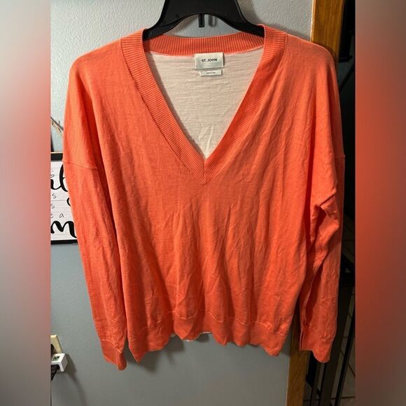 St. John Knits Womens Pink Orange Contrast Back Wool Vneck Sweater Size M - Picture 6 of 9